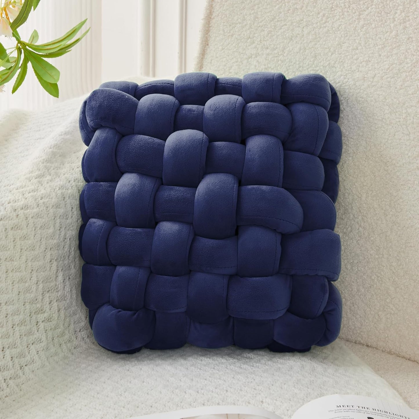 JELLYMONI Blue Square Knot Throw Pillow, Large Size Home Decorative Pillows, Decorative Ins Throw Pillows, Soft Velvet Knotted Decor for Bedroom, Living Room and Couch (L- 15"×15"×4", Blue)