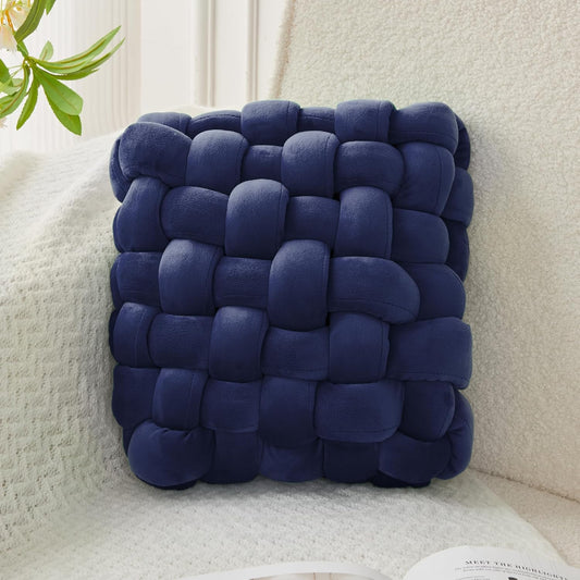 JELLYMONI Blue Square Knot Throw Pillow, Large Size Home Decorative Pillows, Decorative Ins Throw Pillows, Soft Velvet Knotted Decor for Bedroom, Living Room and Couch (L- 15"×15"×4", Blue)