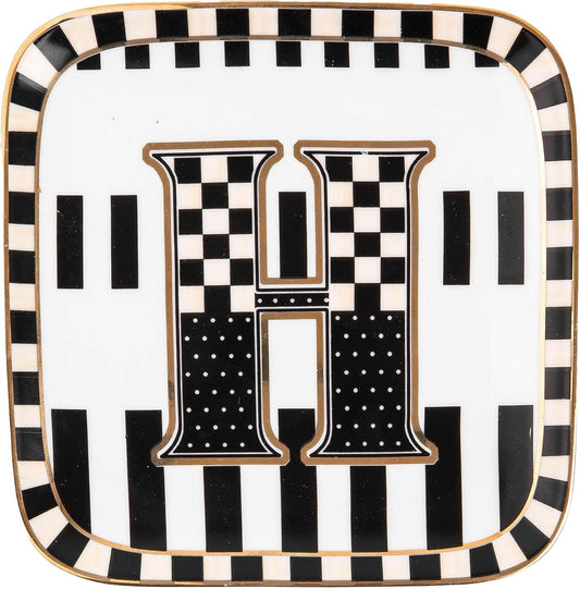 MACKENZIE-CHILDS Monogram Dish, Decorative Ceramic Letter Plate, 5 3/4" Square, H