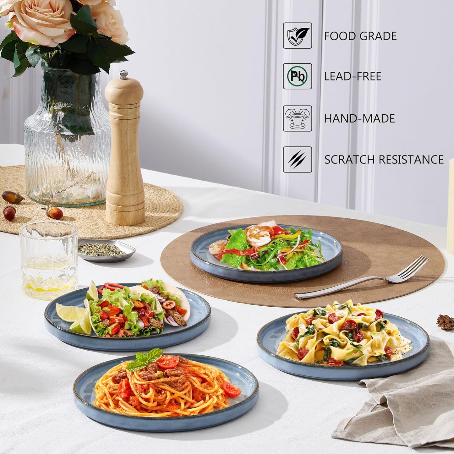 LIANYU Ceramic Dinner Plates Set for 4, 7.9In Porcelain Kitchen Salad Dessert Serving Dishes Set, Modern Round Stoneware Dinnerware Appetizer Plates, Scratch Resistant & Microwavable, Serenity Blue