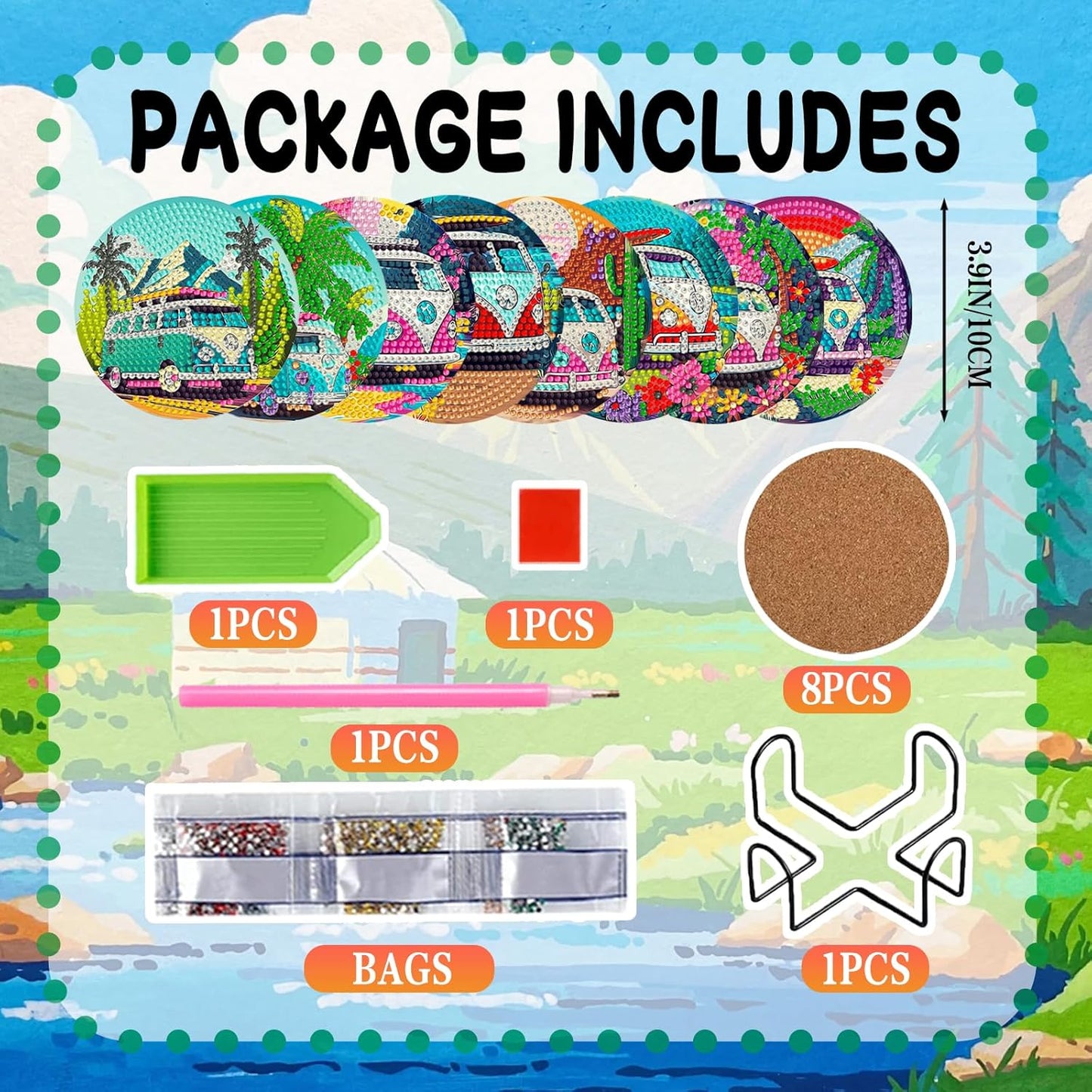 DOZEEZOP 8 PCS Landscape Diamond Art Coasters Kit, Bus 5D Diamond Painting Coasters with Holder, Fall Small Diamond Art Kits for Adults Beginners, Diamond Dots Arts and Crafts Supplies