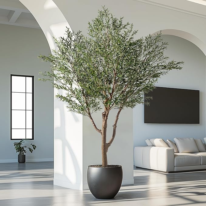 11.5FT Artificial Olive Tree Tall Faux Silk Plant Tall Faux Olive Tree with Natural Wood Trunk & Lifelike Fruits Fake Potted Tree or Home Office Decor