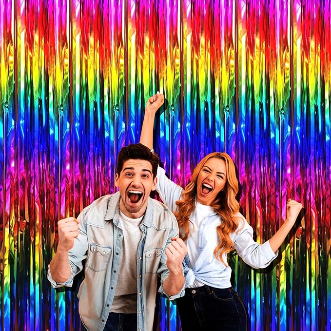 4 Pack Rrainbow Foil Fringe Curtain Backdrop, 3.28Ft x 9.84Ft Colorful Metallic Tinsel Streamers Curtains for Party, Photo Booth Props, Birthday, 2022 Graduation Supplies, One Size