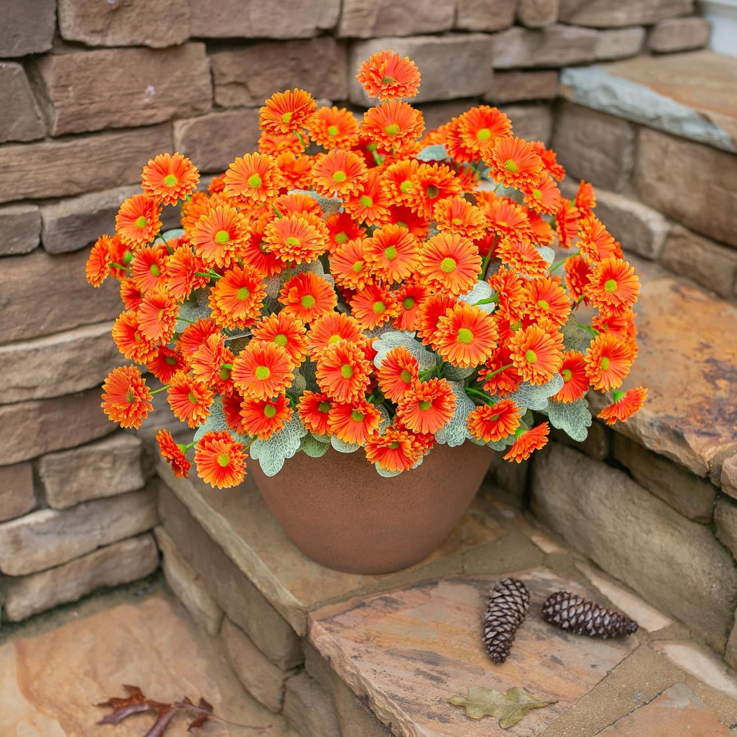 HyeFlora Dahlia Artificial Fall Flowers for Outdoors Autumn Decoration, 6 Bundles Fake Mums Orange Faux Flowers Plants Realistic UV Resistant Silk Flowers for Outside Planter Front Door Yard Garden