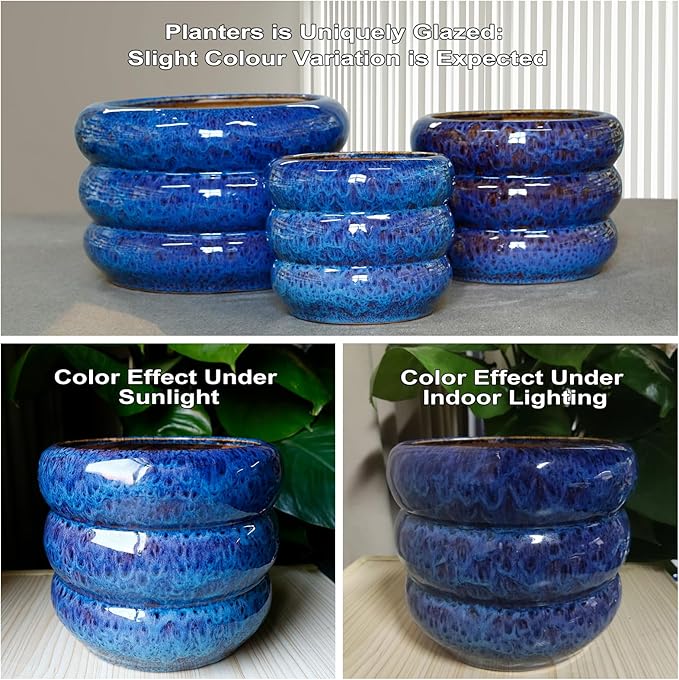 SQOWL Ceramic Pot for Plants 13.5 Inch - Outdoor Planter Large Plant Pot Indoor with Drainage Hole Round Flower Pot Mid-Century Planter for Patio Outdoor Decor Blue