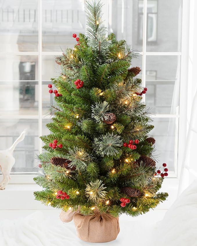 3ft Pre-lit Artificial Christmas Tree with 70 Warm White Lights, Flocked with 12 PineCones,12 Red Berries Green