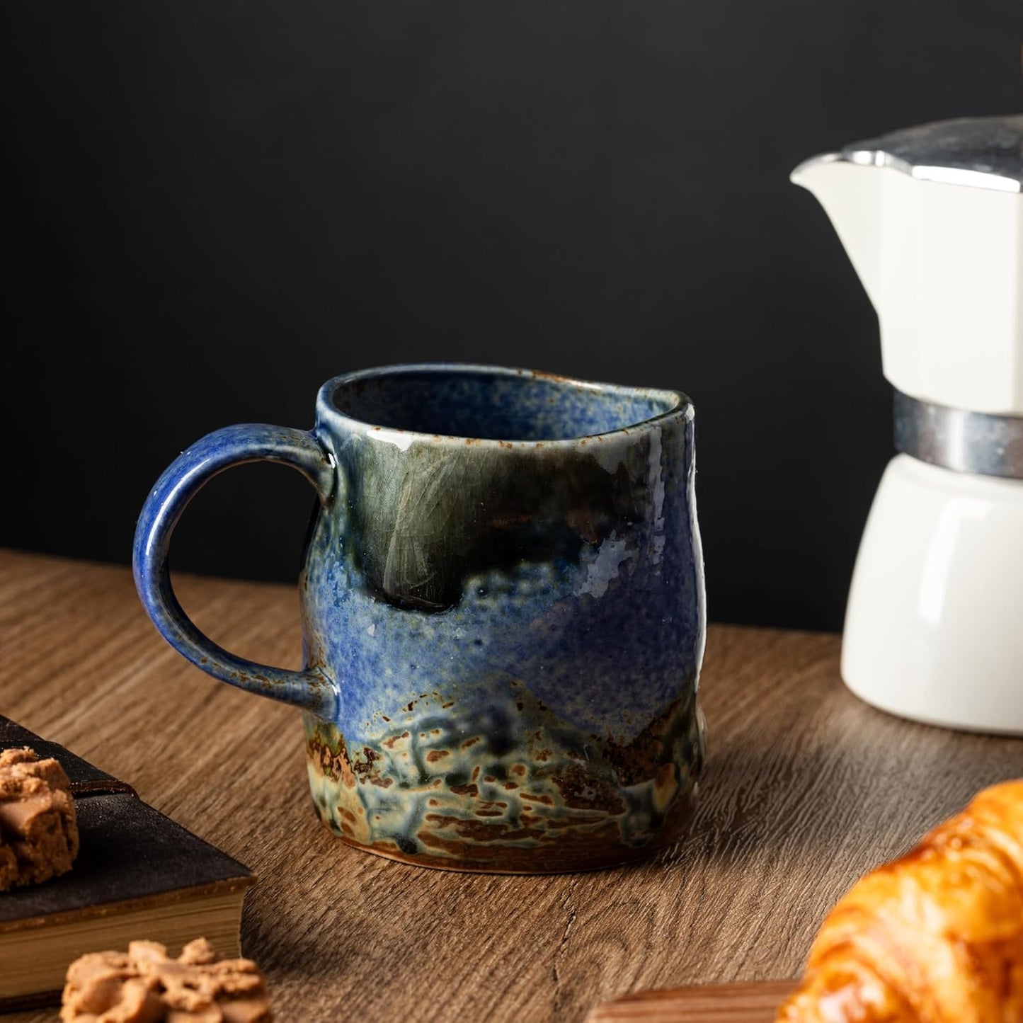 Handmade Ceramic Coffee Mugs, Mugs with Coffee Spoon, 11oz, Handmade Pottery Mug with Handle, Hand-painting, Unique Uneven Surface Tea cups, Dishwasher and Microwave Safe (Blue)