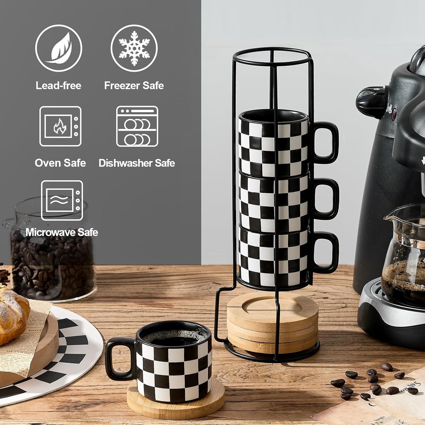 LUKA Porcelain Stackable Black and White Checkered Espresso Cups with Saucers and Metal Stand, 4 Ounce Small Ceramic Demitasse Cups Set for Coffee Drinks, Latte, Tea - Set of 4, Black Interior