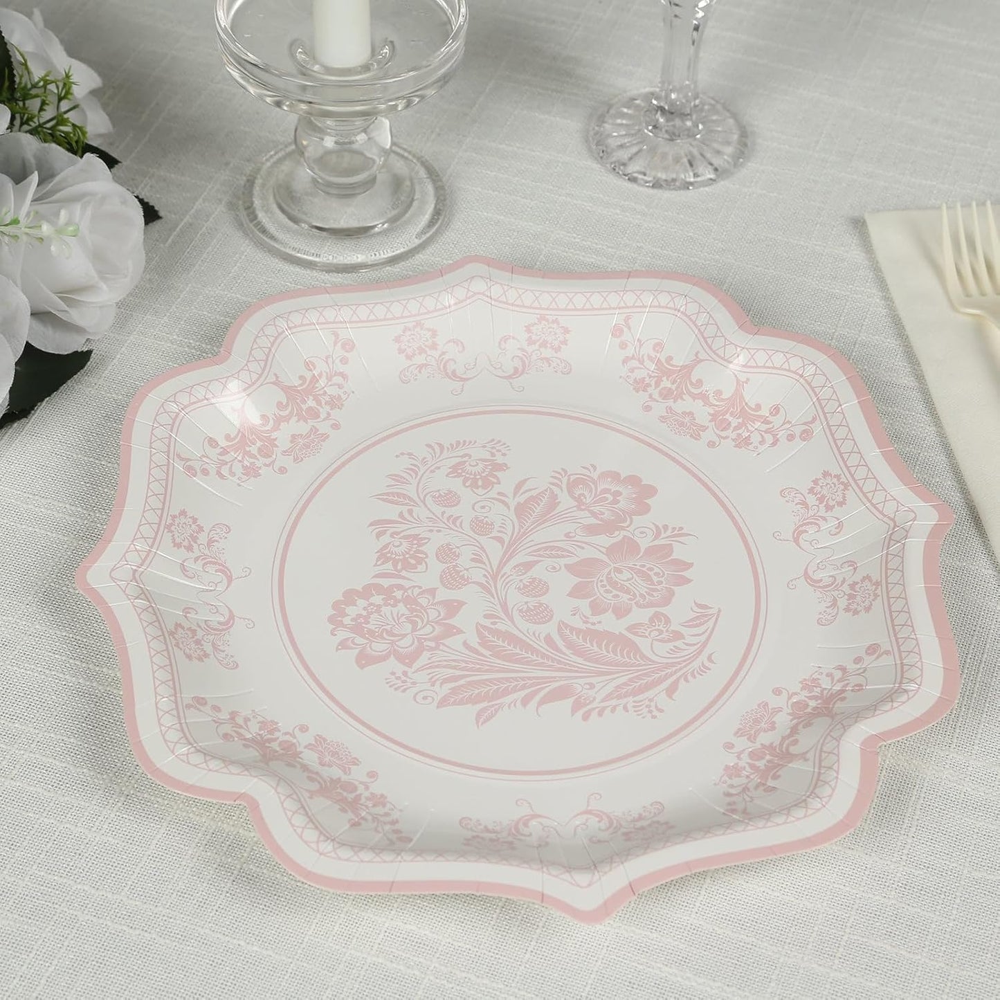 Efavormart 25 Pack White Pink Paper Dinner Plates in Damask Floral Pattern, 10" Disposable Party Plates with Scalloped Rims - 300 GSM