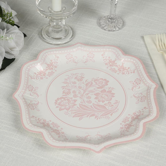 Efavormart 25 Pack White Pink Paper Dinner Plates in Damask Floral Pattern, 10" Disposable Party Plates with Scalloped Rims - 300 GSM