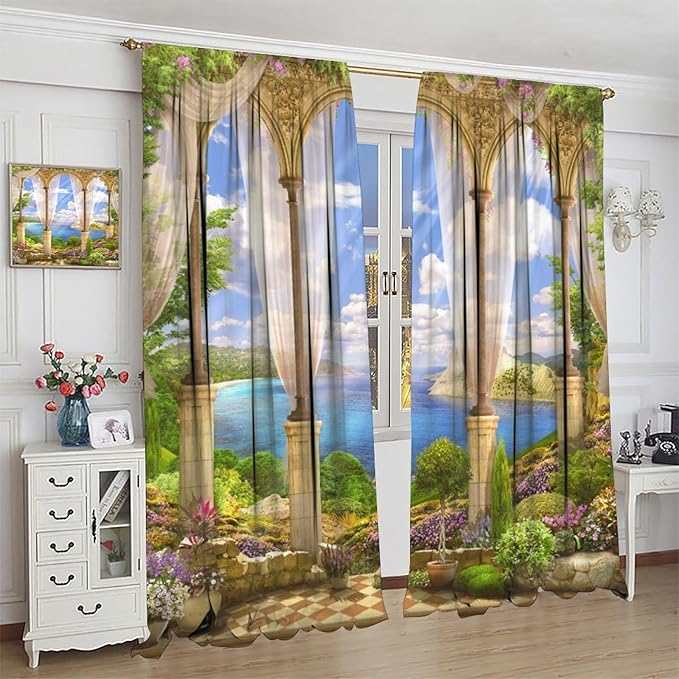 Gothic Blackout Curtains，Fantasy Spring Garden Arch Pattern Drapes Window 2 Panel Rod Pocket Curtain for Bedroom Living Room Decor 31.5" W X 72" L