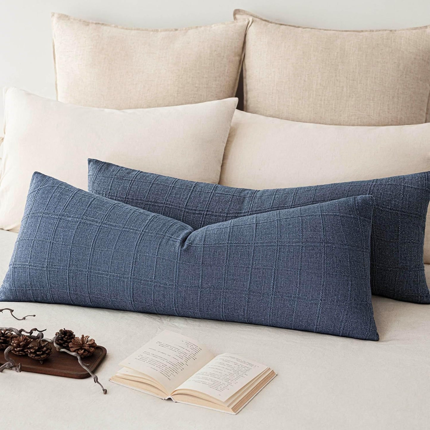 Foindtower Set of 2 Decorative Linen Check Throw Pillow Covers Neutral Long Body Lumbar Cushion Covers Farmhouse Vintage Home Decor for Sofa Chair Couch Bedroom Living Room,14×36 Inch,Blue