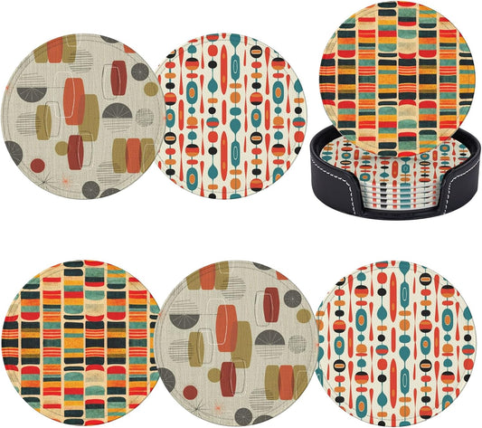 Mid Century Modern Style Leather Drinks Coasters with Holder, Set of 6, Suitable for Various Cups