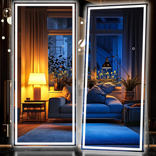 Hasipu Full Length Mirror with Lights, 79" x 36" LED Lighted Floor Standing Mirror, Full Body Dressing Hanging Mounted Mirrors, Dimmable, Tempered Glass, Safe to Use, Square Black