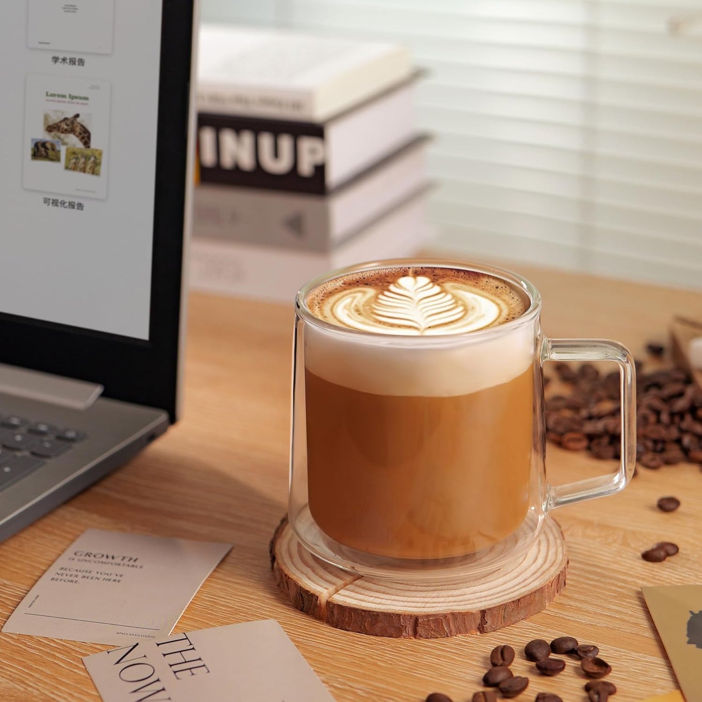 CNGLASS 15oz Double Walled Glass Coffee Mugs,Large Insulated Glass Mugs with Handle,Clear Coffee Cups for Espresso,Latte,Cappuccino,Tea,Set of 2