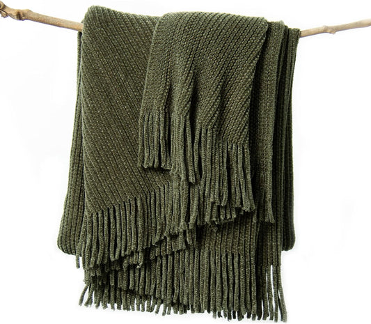 lifein Throw Blanket for Couch, Soft Green Boho Decor Bed Throw,Cozy Knitted Chenille Farmhouse Lightweight Throw(Olive Green,50 * 60")