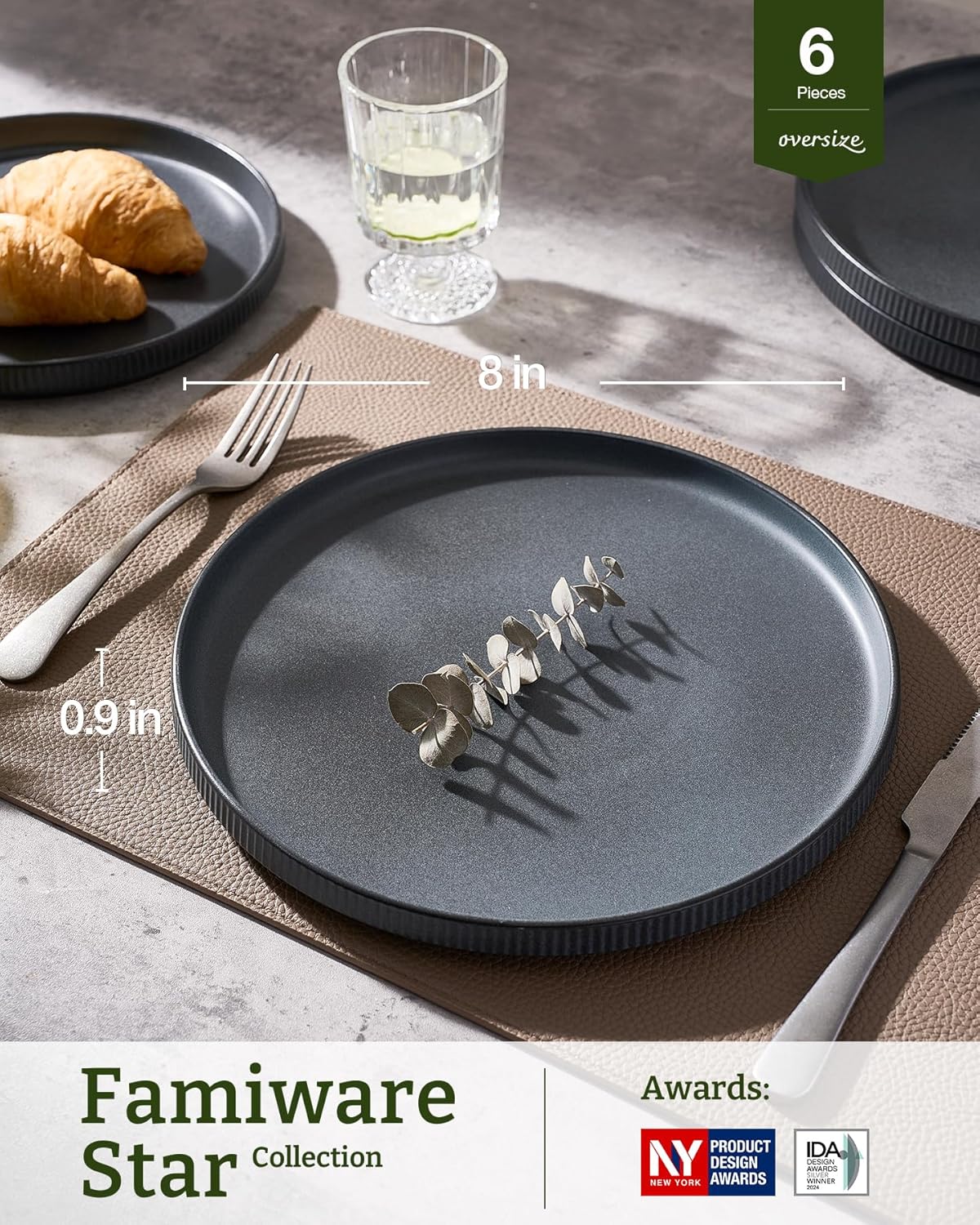 famiware Star Salad Plates for 6, 8 inches Plate Set, Stoneware Dinnerware, Small Dinner Plates for Dessert, Salad, Appetizer, Matte Dark Charcoal (Full Glaze)