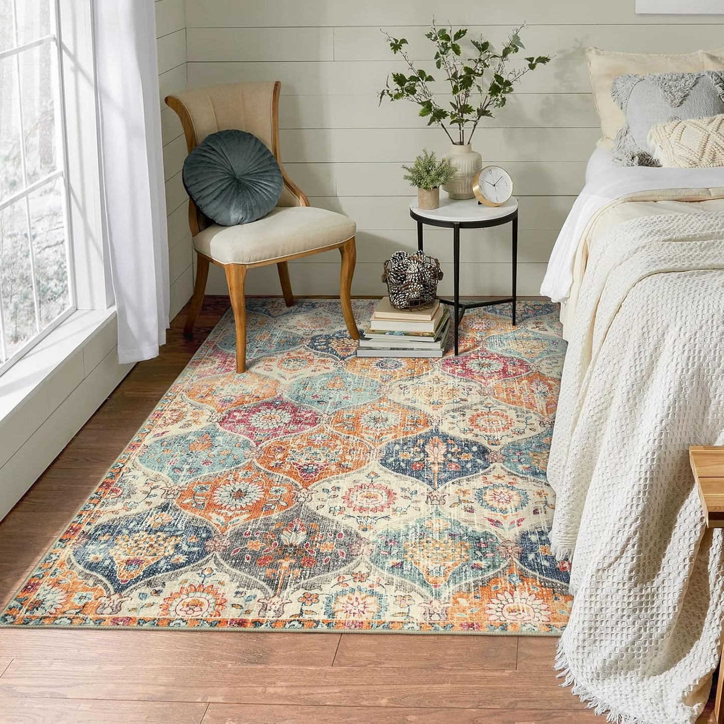 Lahome Moroccan Trellis Washable Small Area Rug, 3x5 Area Rug for Bedroom Living Room, Non-Slip Oriental Accent Throw Carpet for Kitchen Office Entryway Bathroom Office, Cream/Multi