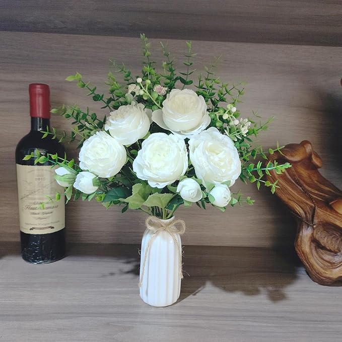 Fake Flowers in Vase, Ceramic Vase with Artificial Silk Flowers, Faux Eucalyptus Stems Flower Arrangement for Farmhouse Indoor Table Centerpiece, Bathroom Living Room Home Decor, Bedroom Decorations