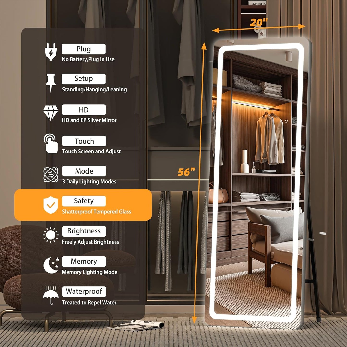 Hasipu Full Length Mirror with Lights, 56" x 20" LED Floor Mirror, Full Body Dressing Standing, Hanging Mounted Mirror for Living Room Bedroom Cloakroom, Round Black