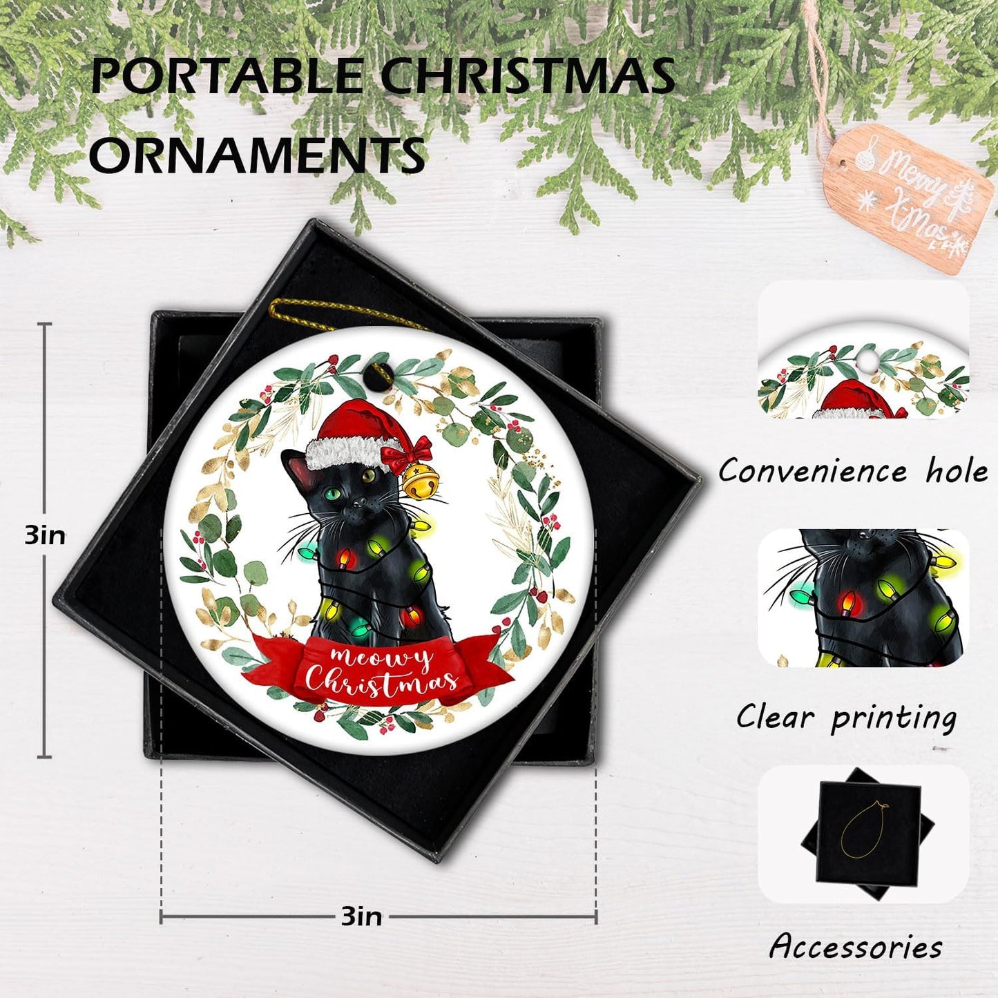 Black Cat Christmas Ornament - Meowy Christmas Tree Decoration, Cat Gifts and Decor, Hanging Ornament