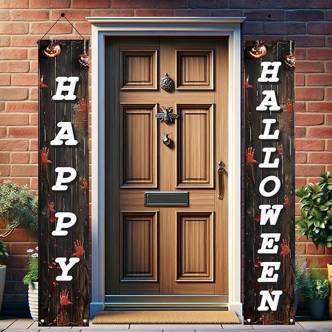 2PCS Halloween Porch Banner Decorations 71 x 12 Inch Happy Halloween Vertical Hanging Sign Scary Bloody Handprint Front Door Banner for Outdoor Haunted House Yard Party Wall Decor