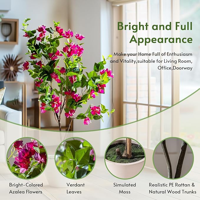 4FT Artificial Bougainvillea Tree Artificial Tree Tall Potted Fake Bougainvillea Trees for Outdoor Indoor Lifelike Potted Faux Plants with Wood Trunk and Flowers Office Wedding Home Decor