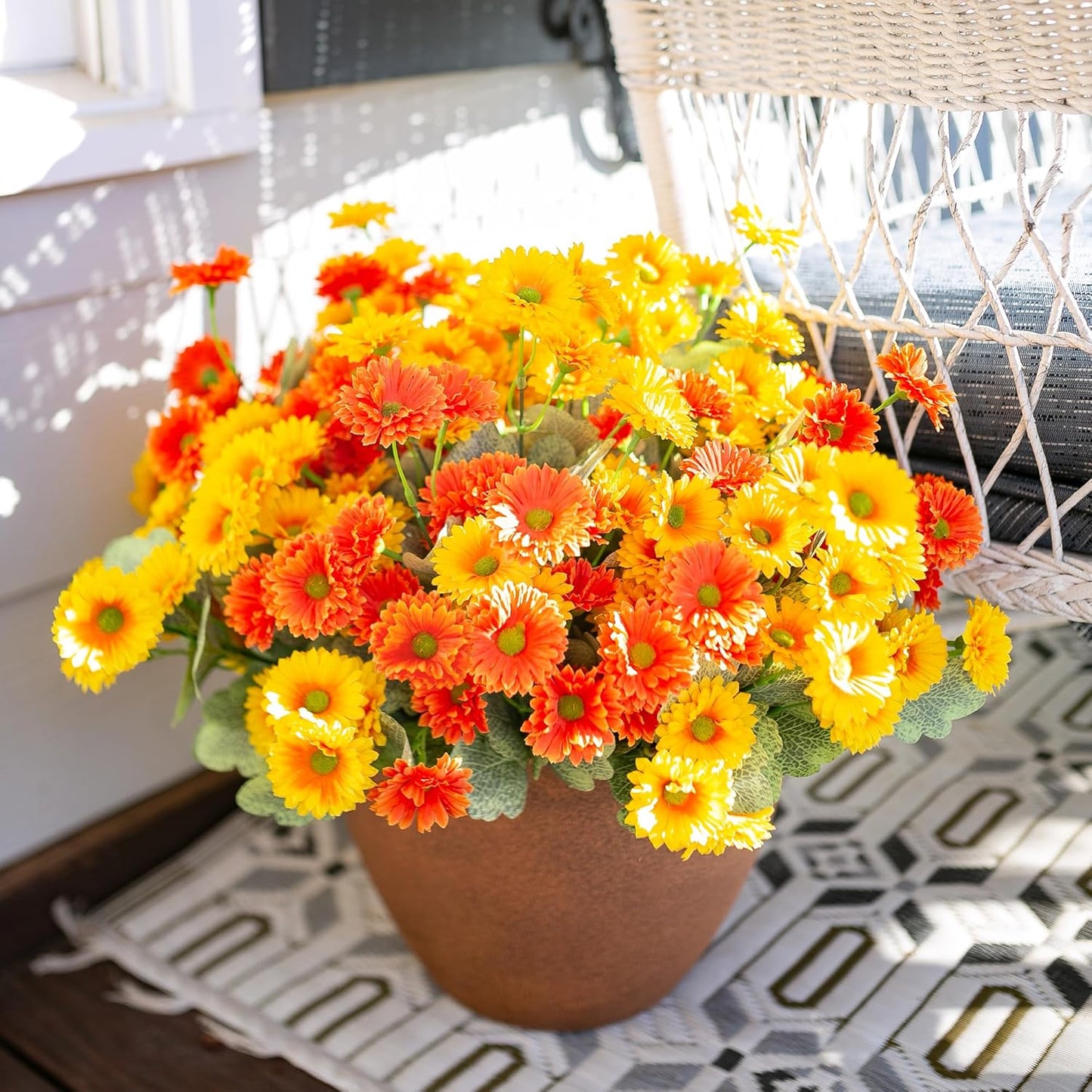 HyeFlora Dahlia Artificial Fall Flowers for Outdoors Autumn Decoration, 6 Bundles Fake Mums Faux Flowers Plants Realistic UV Resistant Silk Flowers for Outside Planter Yard Garden Home, Orange Yellow