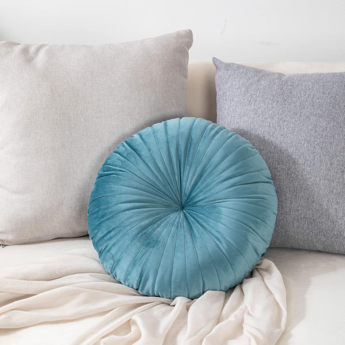 HLOVME Round Pillow Cushion for Couch Velvet Decorative Small Throw Pillow Solid Color for Living Room Bed Floor 15.7”, Lake Blue