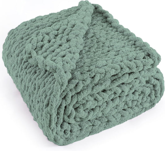 Chunky Knit Throw Blanket 60"X 80", 100% Handmade with Soft Chenille Yarn, 6.7lbs Thick Cable Knitted Blankets, Large Rope Knot Crochet Throws for Couch Sofa Bed Home Decor, Sage Green