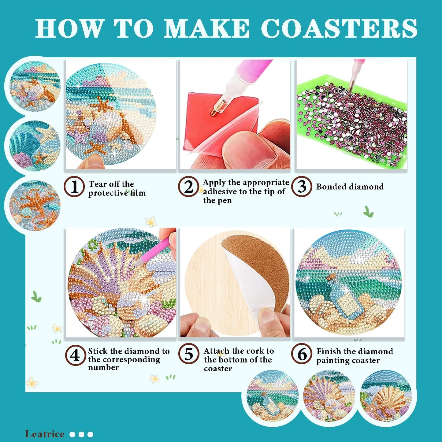 Leatrice Ocean Diamond Art Coasters Set of 6, Small Diamond Painting Kits for Adults Beginners Women, Gem Art Coasters with Holder, Funny Arts Supplies for Kitchen Decor