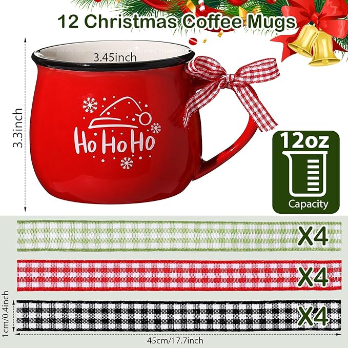 Zubebe Christmas Coffee Mugs Set of 12, 12 oz Hot Cocoa Ceramic Holiday Mugs Set for Mom, Woman, Family, Friend - Farmhouse Tiered Tray Decor, Coffee Bar Decor(Red, Green, White)