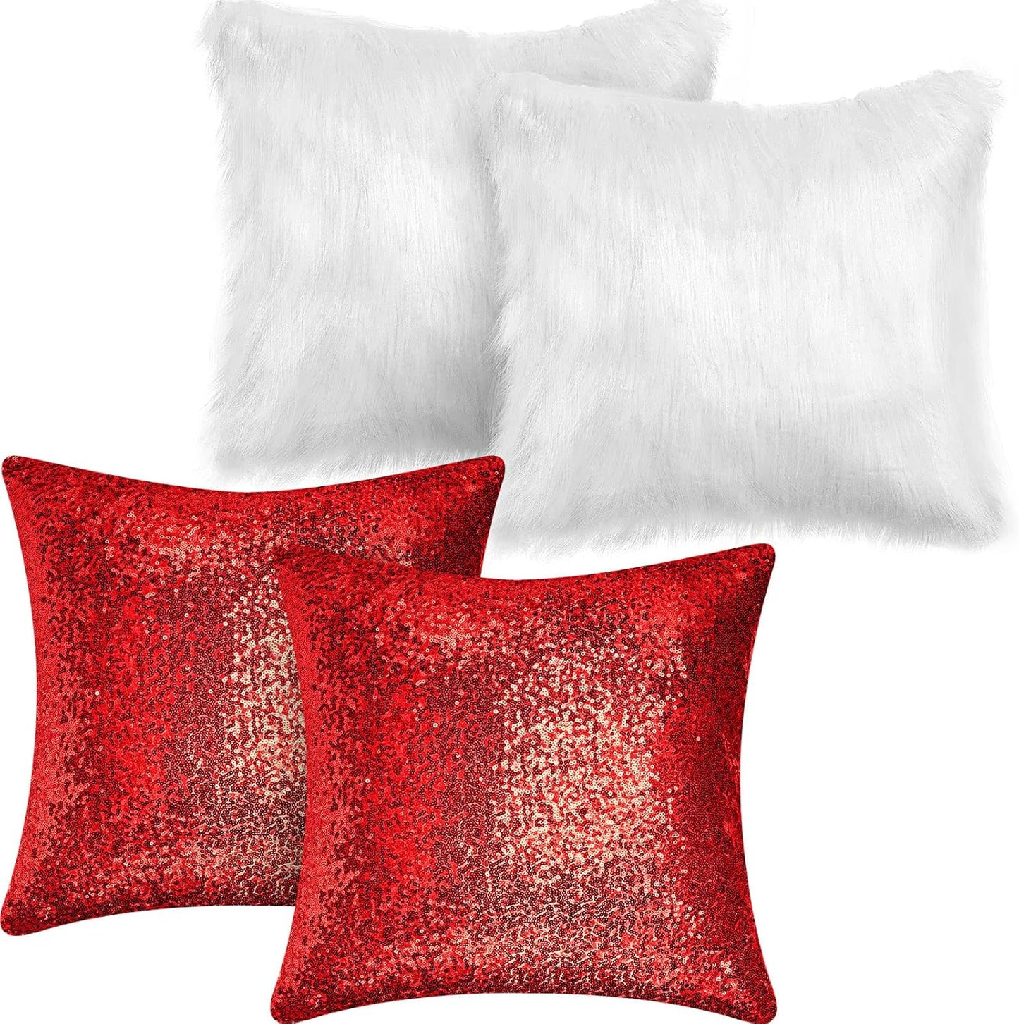 Irenare 4 Pcs Sequin and Fluffy Pillow Covers Winter Throw Pillow Cases Soft Cushion Cover for Couch Bed Sofa Xmas Day(18 x 18 Inch,Red, White)