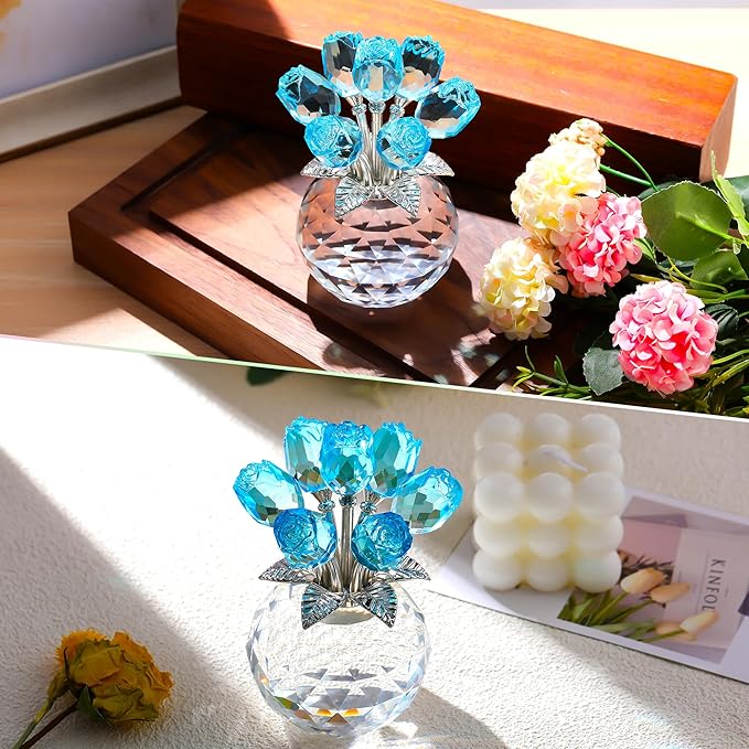 Crystal Light Blue Rose Flower Collectible Figurine, Rose Bouquet Floral Wedding Romantic Gifts for Wife, Mom, Women on Mother's Day, Valentine's, Anniversary, Christmas