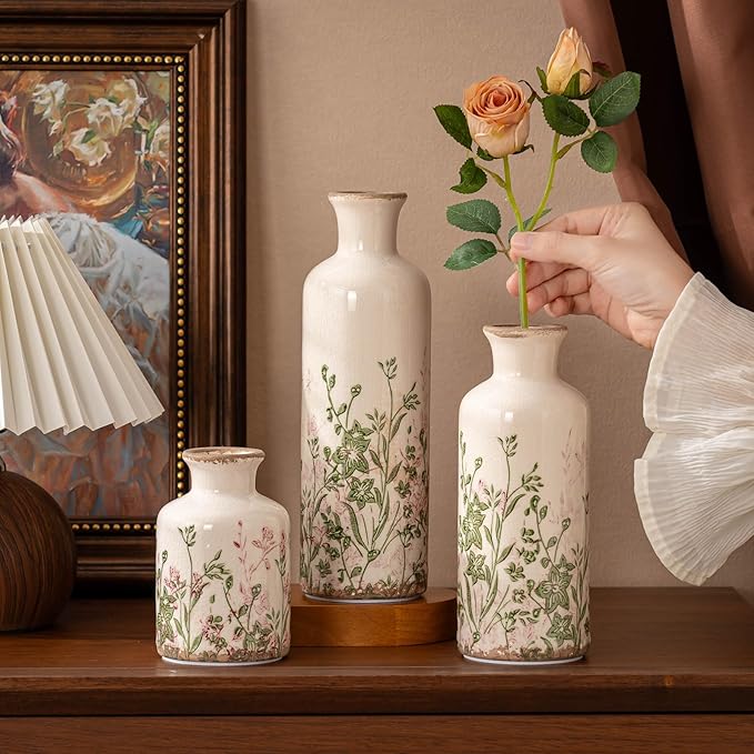 Set of 3 Ceramic Vase, Vintage Pink Floral Beige Vases, Rustic French Country Farmhouse Decorative Vases for Home Decor, Living Room, Mesa de Centro para Sala, Mantel, Kitchen,Table, Shelf Decor