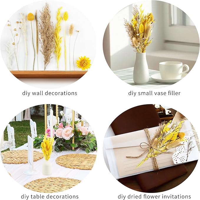 120 Pcs Fall DIY Natural Dried Flowers Set Crafts Mini Dried Florals with Stems Bouquets for Vase Floral Arrangement Handcraft Door Hanging Wreath Table Centrepieces Thanksgiving Decor(Yellow)