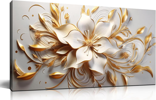 Flower Painting Wall Decor Living Room White and Gold Wall Art for Bedroom Modern Art Wall Decor Office Size 20" x 40"