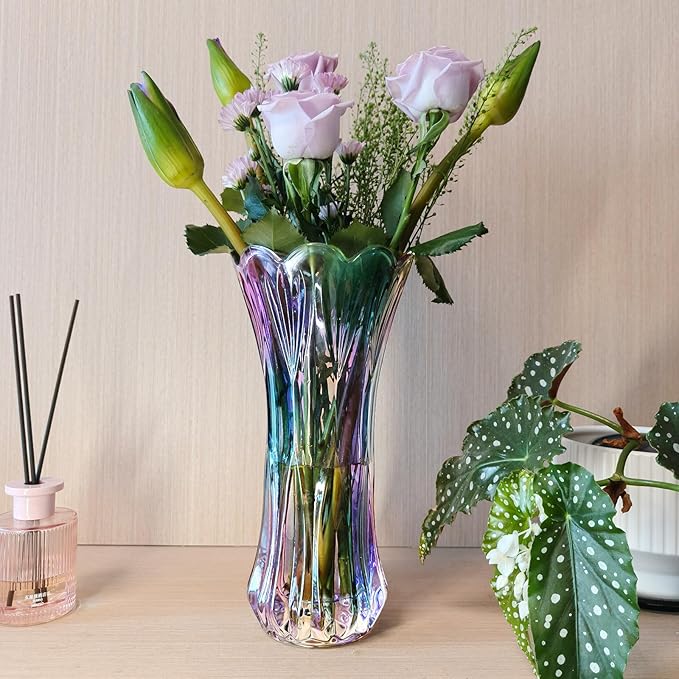 11.2 Inch Glass Vase-Iridescent Purple and Teal Thickened Cylinder Colorful Flower Vase Decor for Home Dining Table Centerpiece Office Wedding Holiday Party