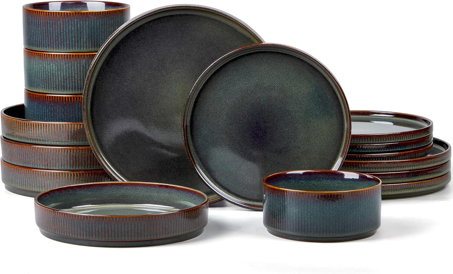 E-far 16 Piece Dinnerware Sets, Plates and Bowls with Pasta Bowls Service for 4, Modern Stoneware Ribbed Dishes for Kitchen Dining, Microwave & Dishwasher Safe, Blackish Green
