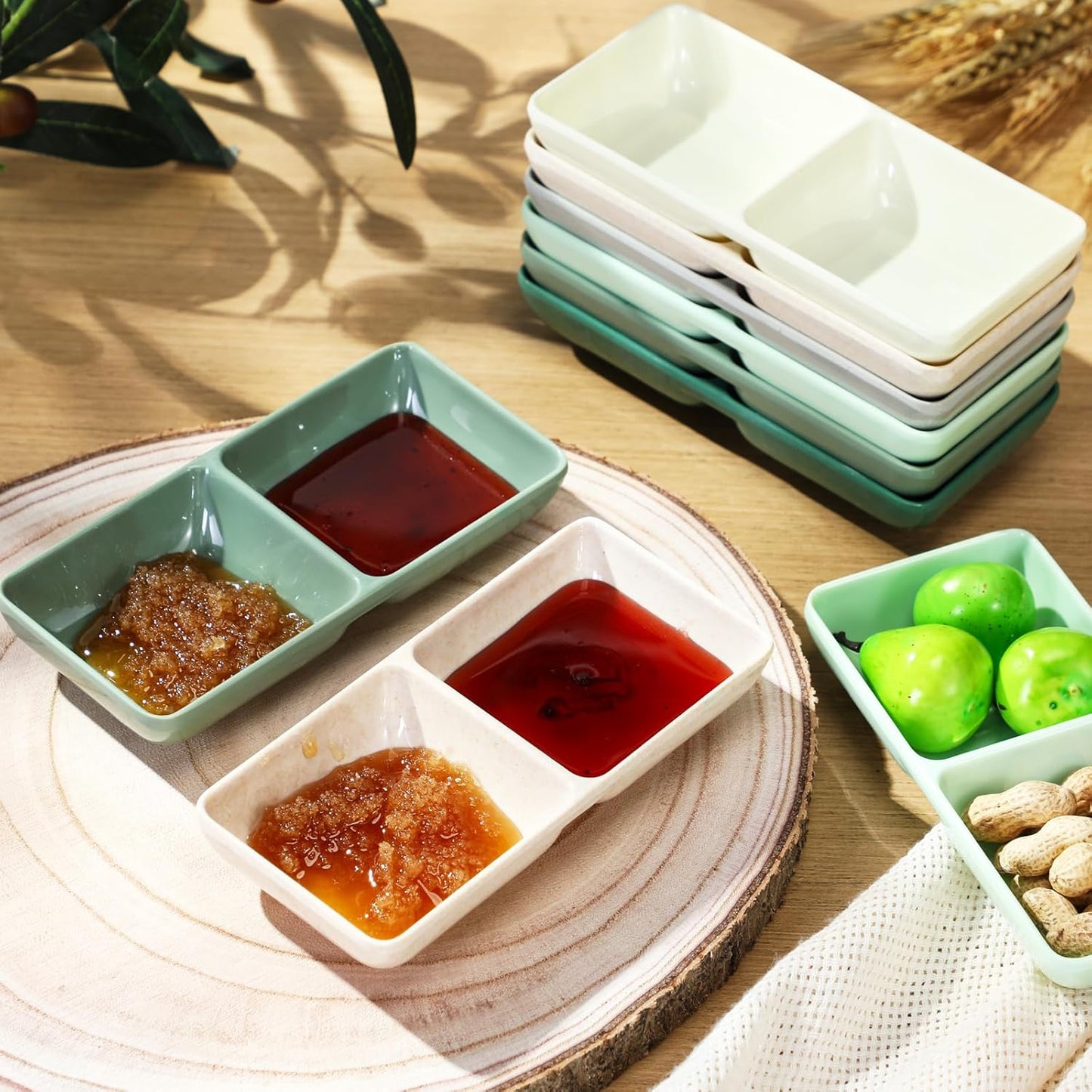 Gejoy 12 Pcs Dual Dipping Sauce Bowls Soy Sauce Dish Bowls Two Compartments Party Trays Divided Fondue Plates for Restaurant Kitchen Sushi Soy (Multicolor)