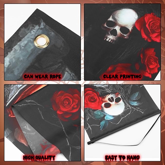 3 Pcs Halloween Cemetery Archway Halloween Cemetery Banners Gothic Outdoor Banners Sign Banner Decorations for Outdoor Party Supplies (Skull Rose)