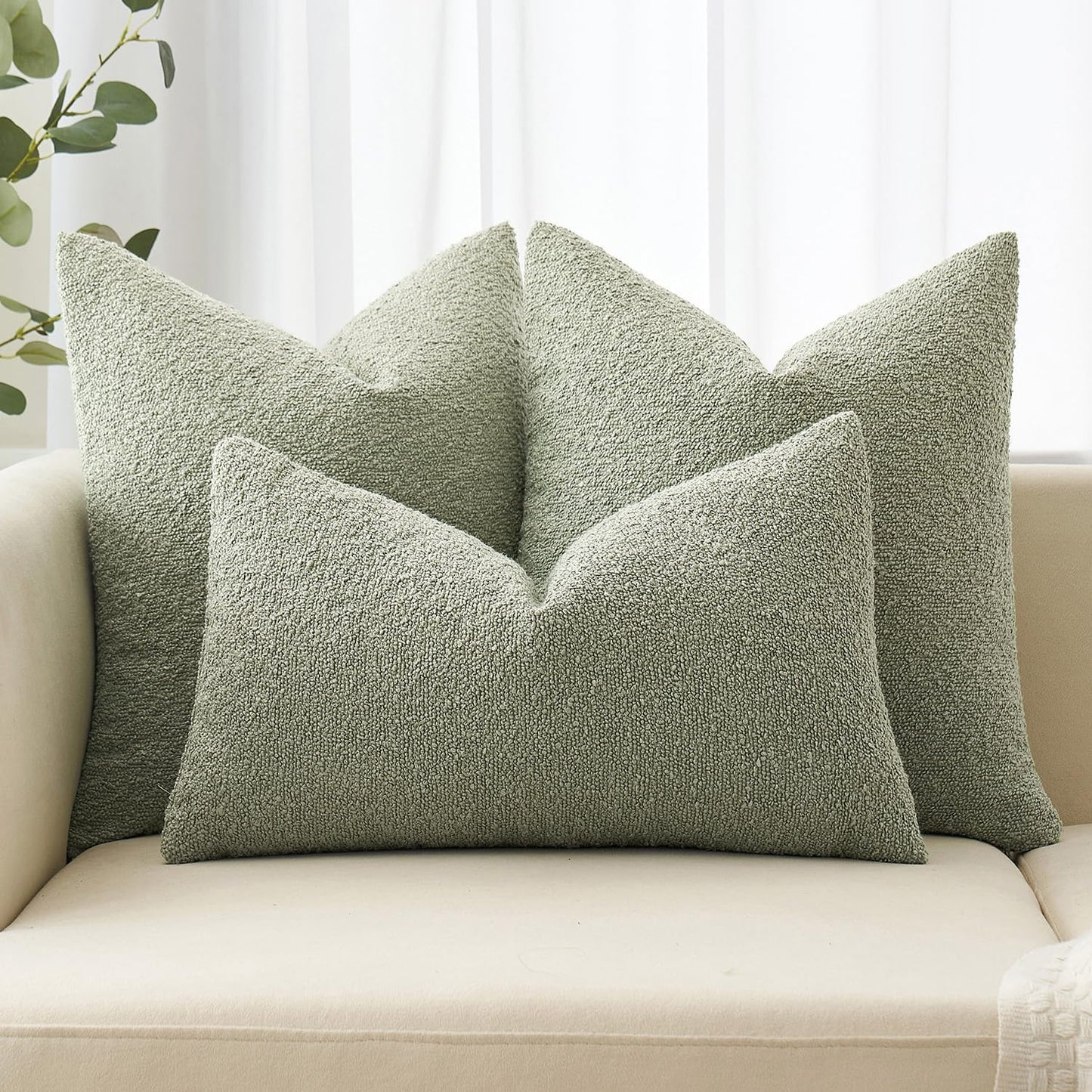 MIULEE 20x20 Inch Decorative Pillow Covers for Couch Bed Set of 2 Textured Boucle Neutral Winter Throw Pillows Sage Green Accent Solid Cushion Pillowcases Sofa Livingroom Home Decor