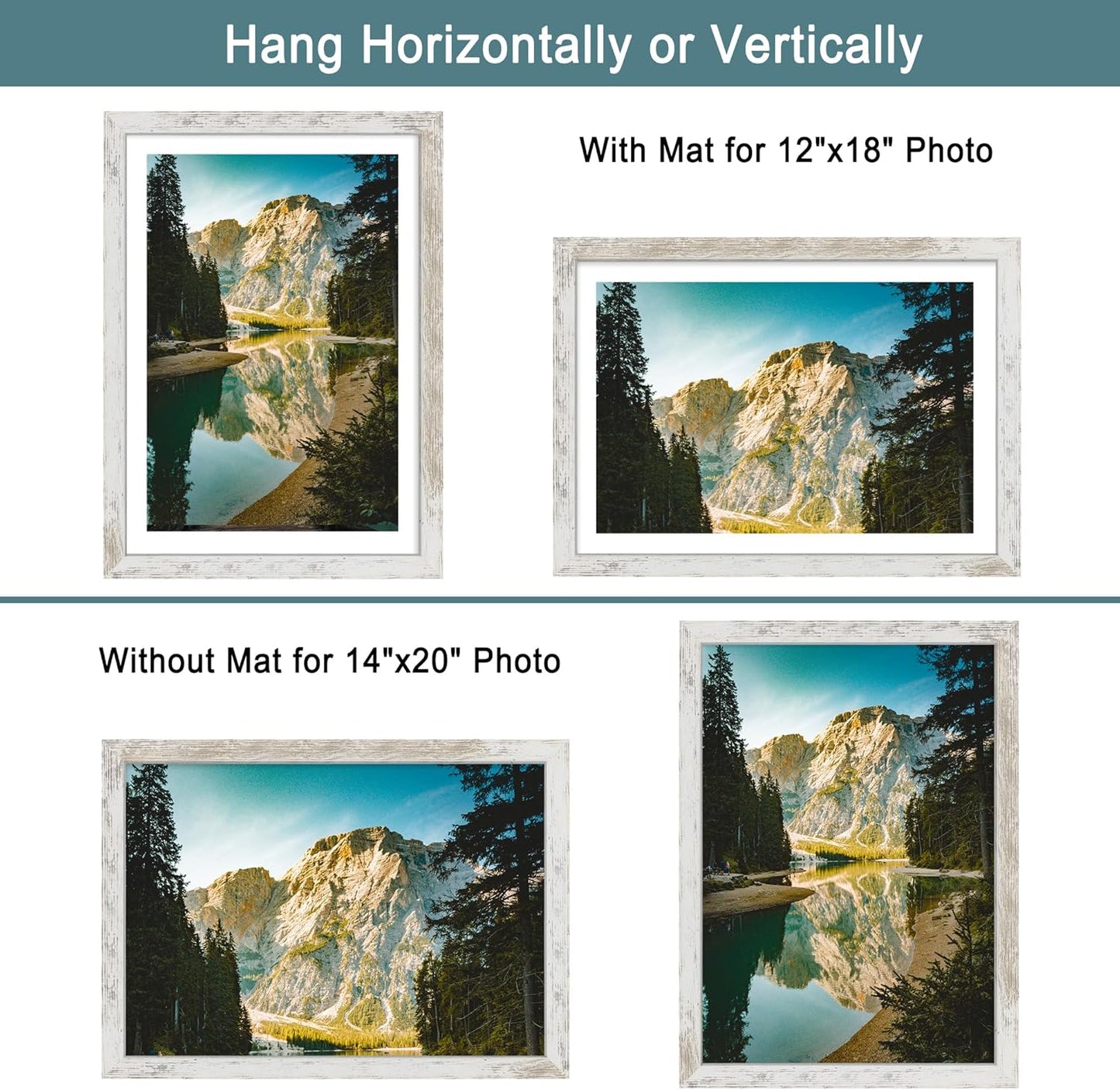 iRahmen 14x20 Picture Frame Set of 2 with Plexiglass, Display 12x18 Photo with Mat or 14 x 20 Without Mat, Rustic Wood Poster Frame for Wall Mounting