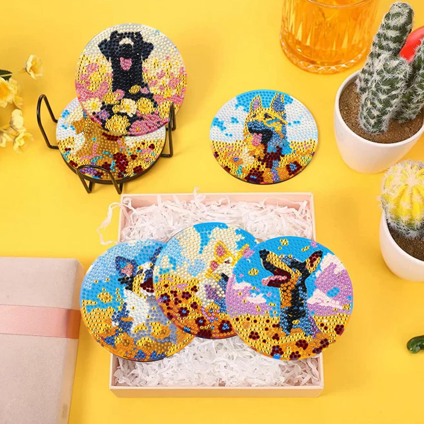 EWJRNSF 10 PCS Diamond Art Coasters Kit, Small Diamond Painting Coasters, Fall Diamond Art Kits for Adults Beginners, Arts and Crafts Supplies Item Sets with Holder Dog