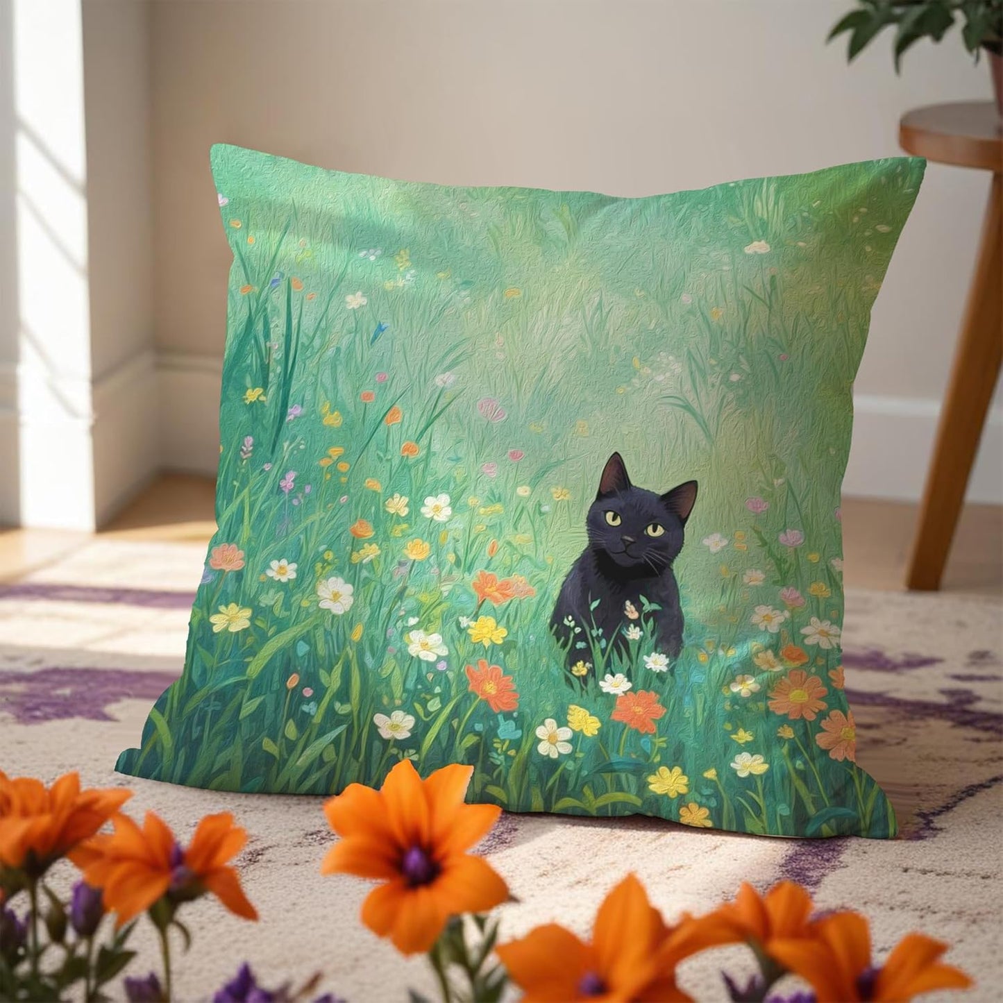 Floral Black Cat Pillow Covers 18x18, Cats Lovers Lady Gifts, Cat Gifts for Mom Mother's Day, Cats in Green Field Meadow Decorative Pillow Covers for Home Bedroom Living Room Office Decor