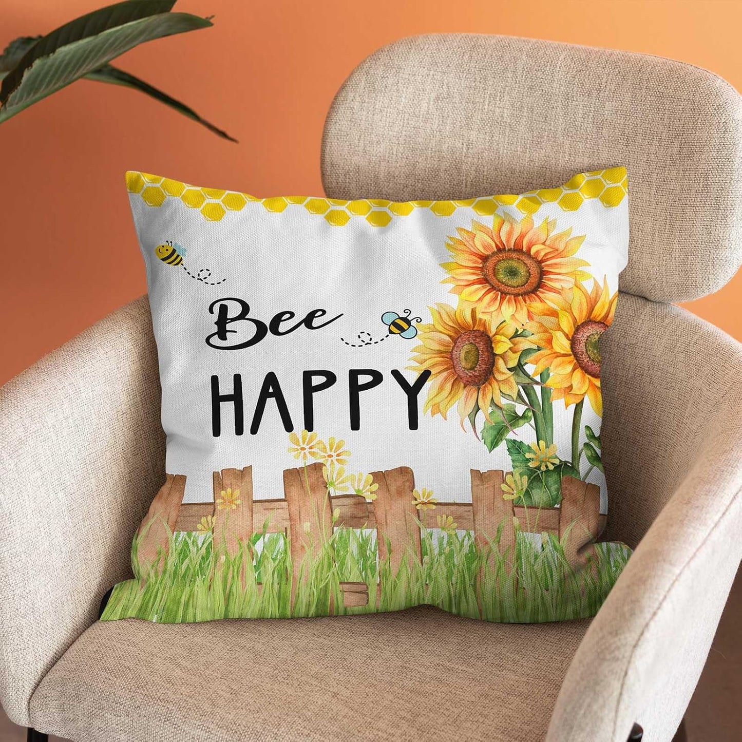 Bee Happy Sunflower Throw Pillow Cover,Sweet Honey and Bee Pillow Covers Spring Summer Farmhouse Home Decorative Pillow Case 18x18 Inch
