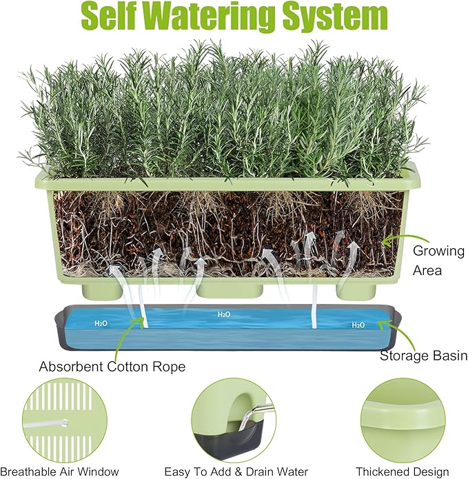 Window Box Planter 4 Packs, 17 Inches Rectangle Flower Pots with Drainage Holes & Trays, Pots for Vegetables, Herbs, Flowers, Garden Windowsill Balcony (Light Green, 17 * 5.1 * 6 inch)