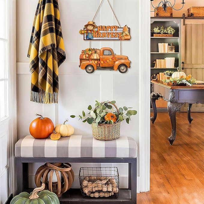 Happy Harvest Door Sign,Happy Thanksgiving Wooden Sign,Fall Truck Decor,Autumn Harvest Wall Plaque,Scarecrow Wall Hanging Sign,Pumpkin Front Door Hanger for Farmhouse Home Indoor Outdoor Yard