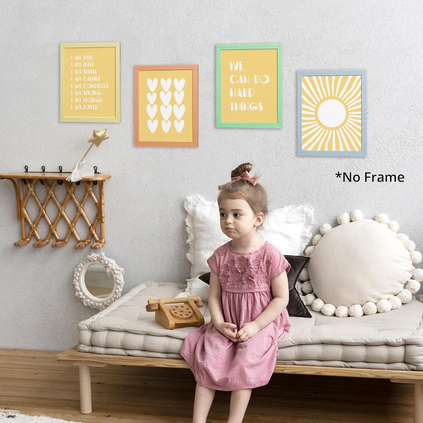 I am Kind Brave Smart Affirmations Yellow Sun Sunshine Hearts Poster Prints for Girls Kids Room Playroom Decor,Girl Nursery Decorations Prints Wall Art Unframed 4pcs 8x10inches,Girls Kids Gifts