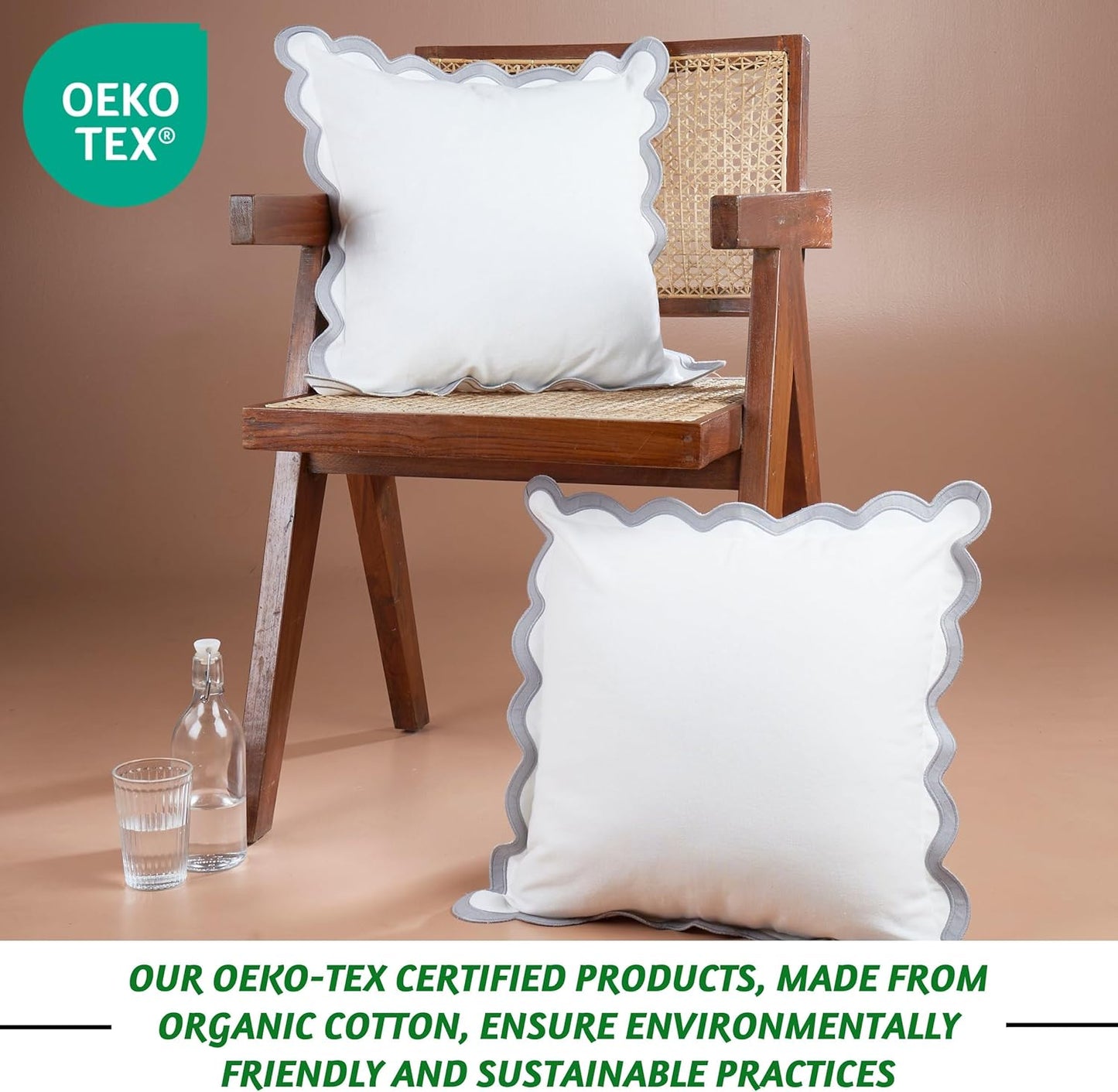 Folkulture Throw Pillow Covers | (18 x 18) Set of 2 Scallop Pillow Cover | Cute Outdoor Pillows or Decorative Pillows Standard Size | Cotton Couch Pillows for Living Room | White Throw Pillows